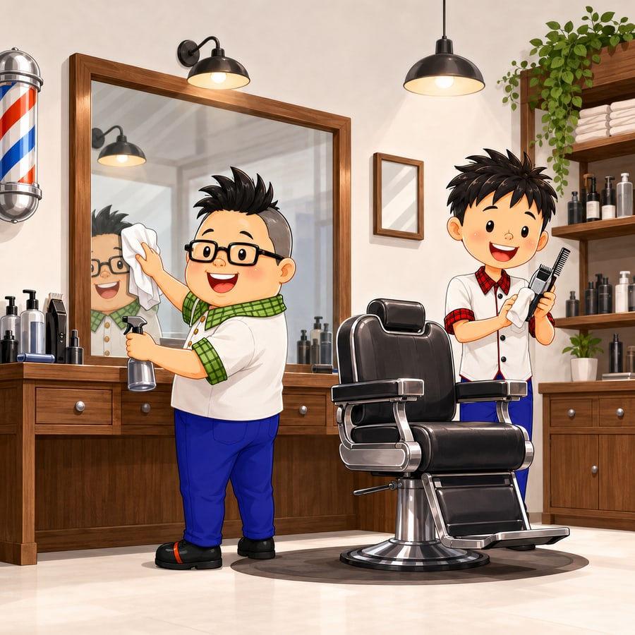 清潔な店内を整える BARBER CAVE のスタッフ（イラスト）
